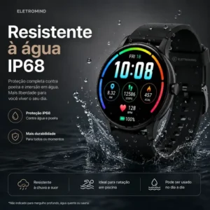 Smartwatch Inteligente Relógio Eletromind Bluetooth Chamadas Ip68 À Prova D'água Redondo Monitoramento Sono Saúde Esporte Preto - Imagem 7