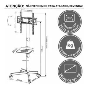 Suporte Pedestal Para Tv De 23 A 60 Com Rodinhas Bandeja Cor Preto - Imagem 3