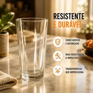 Jogo de 6 Copos Alto 320ml Miami Vidro Grosso Moderno Luxo Transparente Quadrado ViaCruz - Imagem 5