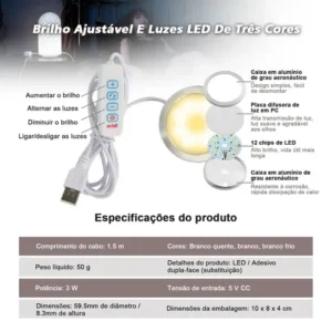 kit 3 luminaria lâmpadas led 001 diy para impressao 3d para bambu labs redondo branca quente/Branco/Branco Frio 3 cores 5V 3W usb moderna peças 3d acessórios Presente decorativa makerworld mh - Imagem 10