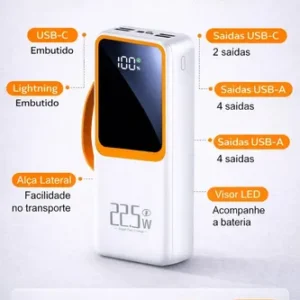 Power Bank 30000mah Branco Turbo 22,5w Carregamento Rápido Usb Tipo C Lightniing Alta Capacidade Portátil Compatível Com Celular Smartphone Tablet iPad Segurança Inteligente - Imagem 5