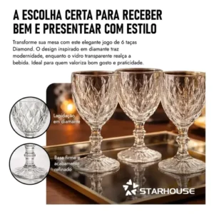 Kit 6 Taças Diamond 330ml Transparente Luxo Vidro Copo Diamante Cristal Suco Agua vinho - Star House - Imagem 7