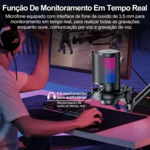 Microfone Condensador USB Cardioide RGB para Gravação e Jogos Preto - Imagem 8