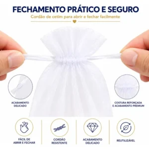 Kit 100 Saco Organza Tule 10x15 Saquinho Branco Lembrancinha - Imagem 6