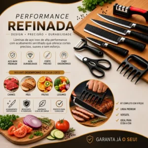 Kit Jogo De Facas Inox Conjunto 9 Peças Cozinha Churrasco Tesoura Descascador Tabua Brinde Aquattro - Imagem 12