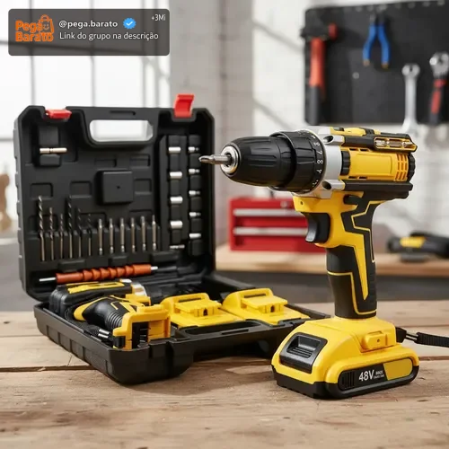 Parafusadeira Furadeira Impacto 3 Funções Sem Fio 2 Baterias Amarelo 50hz/60hz
