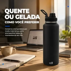 1000ml Garrafa Térmica Isolada A Vácuo Squeeze Aço Inox 304 para Água Gelada Esporte Academia com Alça e Bico Preto Sólar - Imagem 9