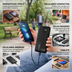 Power Bank 10000mAh Carregador Portátil Turbo 22,5W PD USB-C Carga Rápida 4 Portas Display Digital Bateria Externa Cabo Incluído Proteção Sobrecarga Universal Android iOS Brasiliana Tech - Imagem 5
