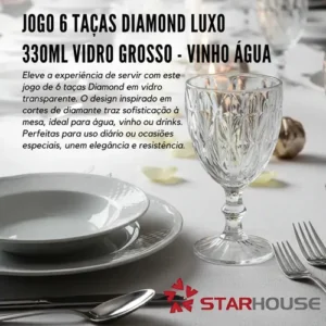 Kit 6 Taças Diamond 330ml Transparente Luxo Vidro Copo Diamante Cristal Suco Agua vinho - Star House - Imagem 5