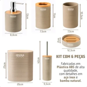 Kit Banheiro Completo Acessórios De Bambu Moderno Lixeira Com Tampa Escova Saboneteira Cor Bege Irsina - Imagem 12