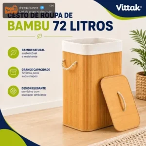 Vittak Cesto De Roupa Bambu 72 Litros Dobrável Retangular Com Tampa E Forro - Imagem 1