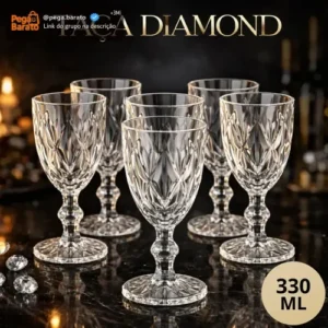 Kit 6 Taças Diamond 330ml Transparente Luxo Vidro Copo Diamante Cristal Suco Agua vinho - Star House - Imagem 1