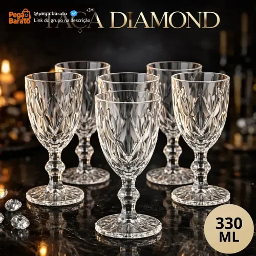 Kit 6 Taças Diamond 330ml Transparente Luxo Vidro Copo Diamante Cristal Suco Agua vinho - Star House