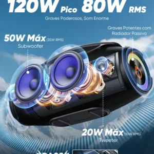 Basike Caixa de Som Boombox Plus 80W 8000Mah Portátil Bluetooth 5.3 Sem fio IPX6 À Prova D'água Com Luz RGB Hifi TWS Bass Forte Amplificada Alto falante Bombox TV Festa Casa Soundbox Subwoofer RAD337 - Imagem 3