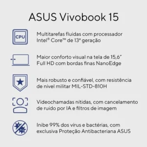 Notebook Asus Vivobook 15 X1504va Intel Core I5 1334u 8gb Ram 512gb Ssd Intel Iris Xe Windows 11 Home Tela 15,6 Fhd Silver - Nj1740w - Imagem 3