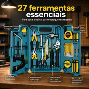 Kit Maleta Jogo Ferramentas 27 Peças Residencial Completa Conserto Oficina Manutenção Chave Inglesa, Estilete, Chaves Allen, Fenda E Phillips, Lanterna, Martelo, Serra, Tesoura, Trena, Fita Isolante - Imagem 4