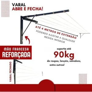 Varal De Parede E Muro Reforçado Suporta Até 90 Kg - Imagem 4