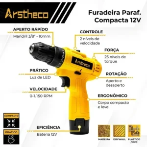 Parafusadeira Furadeira Sem Fio 25n 3/8 12v 10mm Bivolt Bateria Arstheco - Imagem 2