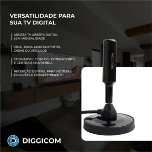 Antena Digital Sinal 4k Hd Smart Tv Interna Externa Para Tv Samsung LG Led Lcd 3d Hdtv Uhf Amplificador Cabo Longo De 5 Metros Com Base Magnética Diggicom - Imagem 5