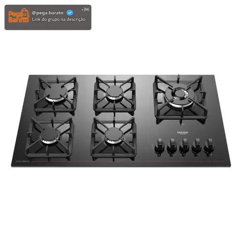 Cooktop 5 Bocas Dako Diplomata com Mesa De Vidro e Tripla Chama e Acendimento Automático A Gás Preto Bivolt