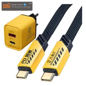 Cabo Tipo C 65W 6A Turbo Nylon Trançado 1,5m + Carregador GaN USB-C+USB-A Universal ZHIKE Carga Rápida - Imagem 1