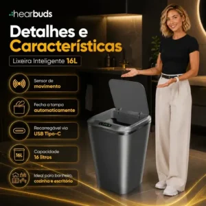 Lixeira Inteligente Automática Cinza Universal Com Sensor Hearbuds Recarregável Anti Odor 16L - Imagem 5