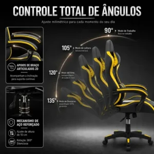 Cadeira De Escritório Gamer Python Fly Ergonômica Estofado Couro Sintético Reclinável Altura Ajustável Cor Amarelo - Imagem 6