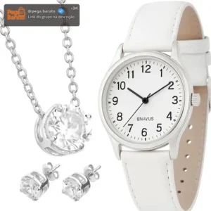 Relógio Feminino Em Couro Luxo Moda Colar E Brincos Original - Imagem 1