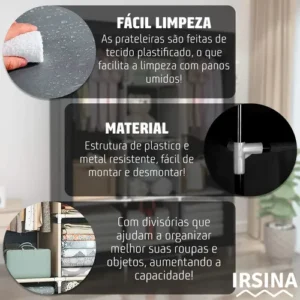 Guarda Roupa Dobrável Organizador Colmeia Preto 8 Prateleiras IRSINA - Imagem 3