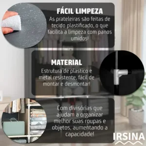 Guarda Roupa Dobrável Organizador Colmeia Preto 8 Prateleiras IRSINA - Imagem 3