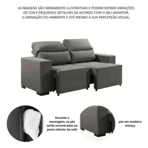 Sofá Retrátil Reclinável 2 Lugares Em Veludo Cor Cinza 140cm Assento Extensível Confortável Sala Moderna Brelarmoveis - Imagem 4