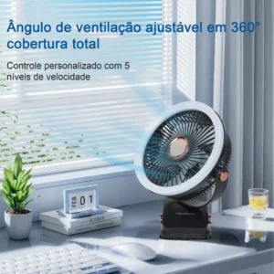 Ventilador Portátil Recarregável 2400mah 5 Velocidades Led Cor Preto - Imagem 2