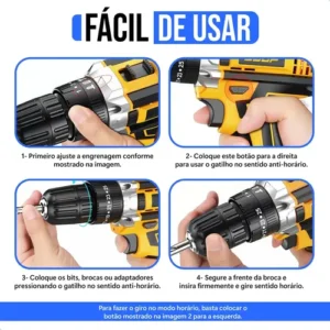 Parafusadeira Furadeira de Impacto 2 Baterias Maleta 30 Peças Carregador Cor Amarela - Imagem 4
