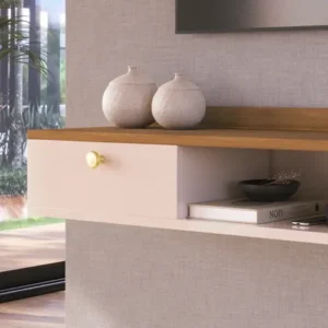 Rack Suspenso Home Para Tv Bancada Flutuante 2 Portas Sala Quarto Off White Canela - Imagem 4