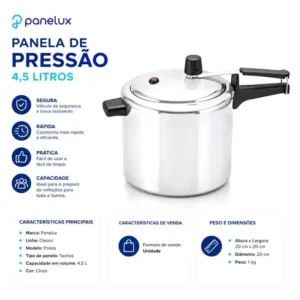 Panela De Pressão 4,5 Litros Alumínio Polido Panelux Classic - Imagem 4