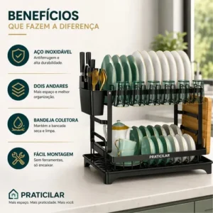 Escorredor De Louça Inoxidável 2 Andares Drenagem Automática Bandeja Grande 360o Organizador Pia Com Porta Pratos Tigelas Talheres Copos - Imagem 4