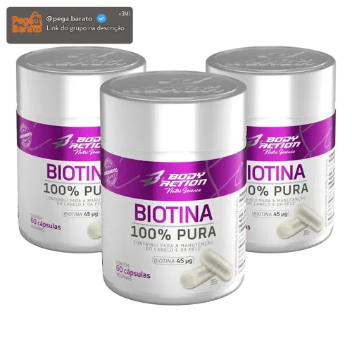 Kit 3x Biotina 100% Pura Total 180 Cápsulas Bodyaction Sem Sabor