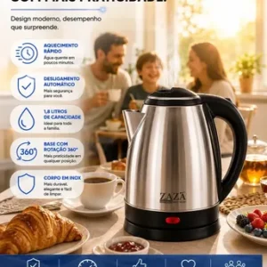 Chaleira Jarra Elétrica 1,8L Litros Em Inox Desligamento Automático Aquecimento Rápido Segura Café Chá Fácil Abertura Tampa Alça Ergométrica - Imagem 8