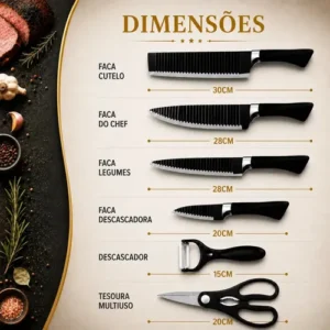 Kit Jogo De Facas Inox Conjunto 9 Peças Cozinha Churrasco Tesoura Descascador Tabua Brinde Aquattro - Imagem 11