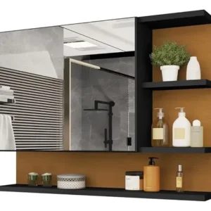 CASA JD MÓVEIS Espelheira Cleopatra armario para banheiro com espelheira de 60cm de largura 45cm de altura e 13cm de profundidade e móveis preto nature - Imagem 3