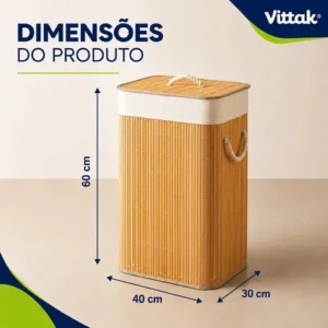 Vittak Cesto De Roupa Bambu 72 Litros Dobrável Retangular Com Tampa E Forro - Imagem 7