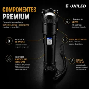 Lanterna Militar Tatica LED Mais Forte do Mundo Potente Zoom Telescópico Alto Brilho Resistente Agua Sitio Fazenda UNILED - Imagem 9