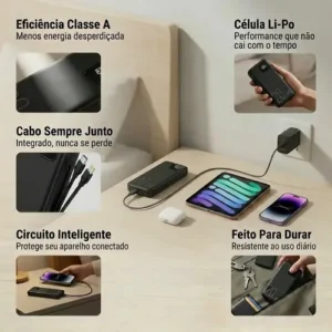 Power Bank 20000mah 22,5w Turbo Carregador Portátil Com Display Digital Bateria Externa Usb-c Para Celular Tablet Android Ios Carregamento Rápido Alta Capacidade Proteções Elétricas Brasiliana Tech - Imagem 6