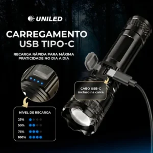 Lanterna Militar Tatica LED Mais Forte do Mundo Potente Zoom Telescópico Alto Brilho Resistente Agua Sitio Fazenda UNILED - Imagem 11
