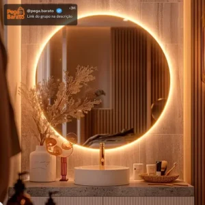 Espelho Redondo 50cm C/ Led Para Parede Quarto Banheiro Sala Moldura Redondo 50cm Led Quente - Imagem 1