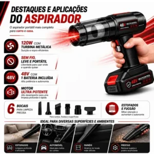 Aspirador De Pó Portatil Recarregável Turbo Com Bateria 48v 3000mah Sem Fio Automotivo Elétrico Soprador Para Casa Carro Escritório Preto 127/220v - Multicontrol - Imagem 6