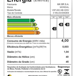 Ventilador de Coluna 40cm Super Power VSP40C 6 Pás 3 Velocidades Mondial 127v - Imagem 7