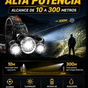 Lanterna De Cabeça Led Recarregável Farol Bike 3 Leds Zoom 300m Alta Potência Pesca Trilha Camping - Imagem 6