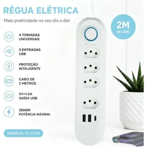 Extensão 2 Metros 4 Tomadas 3 Usb/2usb 10a Régua Energia - Imagem 5