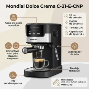 Cafeteira Espresso Dolce Crema 20 Bar Mondial Preto/Inox 1200W C-21-E-CNP - Imagem 3